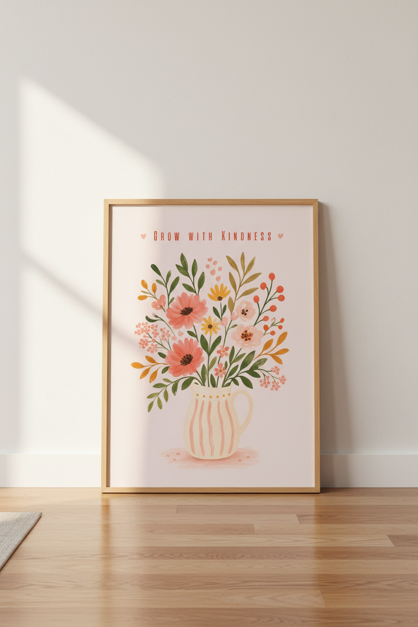 Positivity Floral Wall Art | Grow With Kindness Poster, Pink Nursery &amp; Bedroom Decor