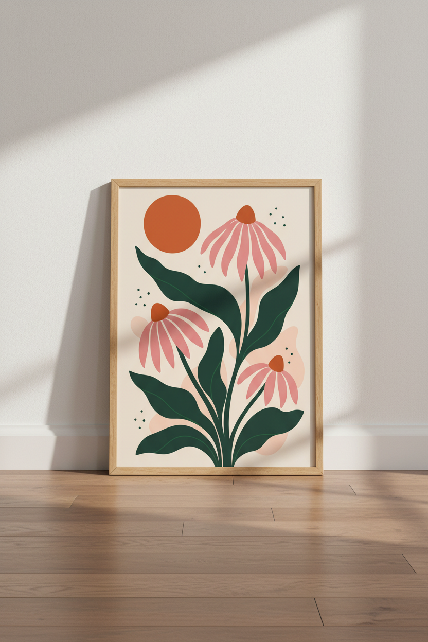 Mid Century Floral Wall Art Print | Terracotta Boho Botanical, Living Room Decor