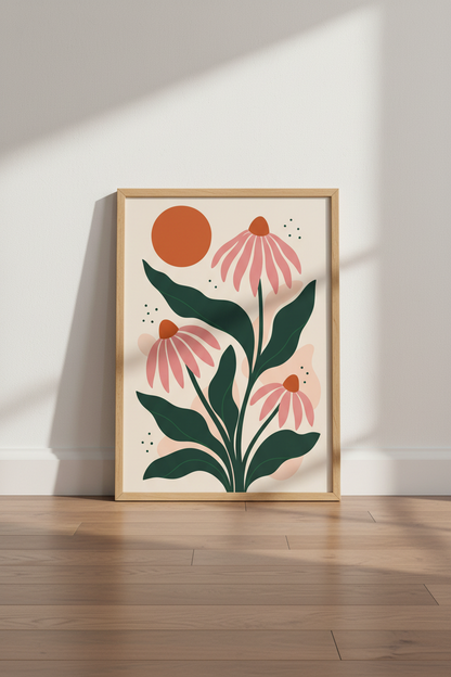 Mid Century Floral Wall Art Print | Terracotta Boho Botanical, Living Room Decor