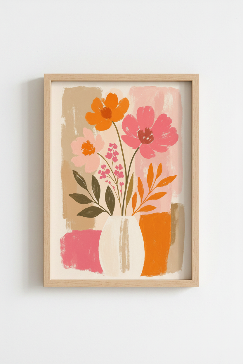 Abstract Floral Wall Art Print | Pink and Orange Boho Decor | Modern Botanical Poster
