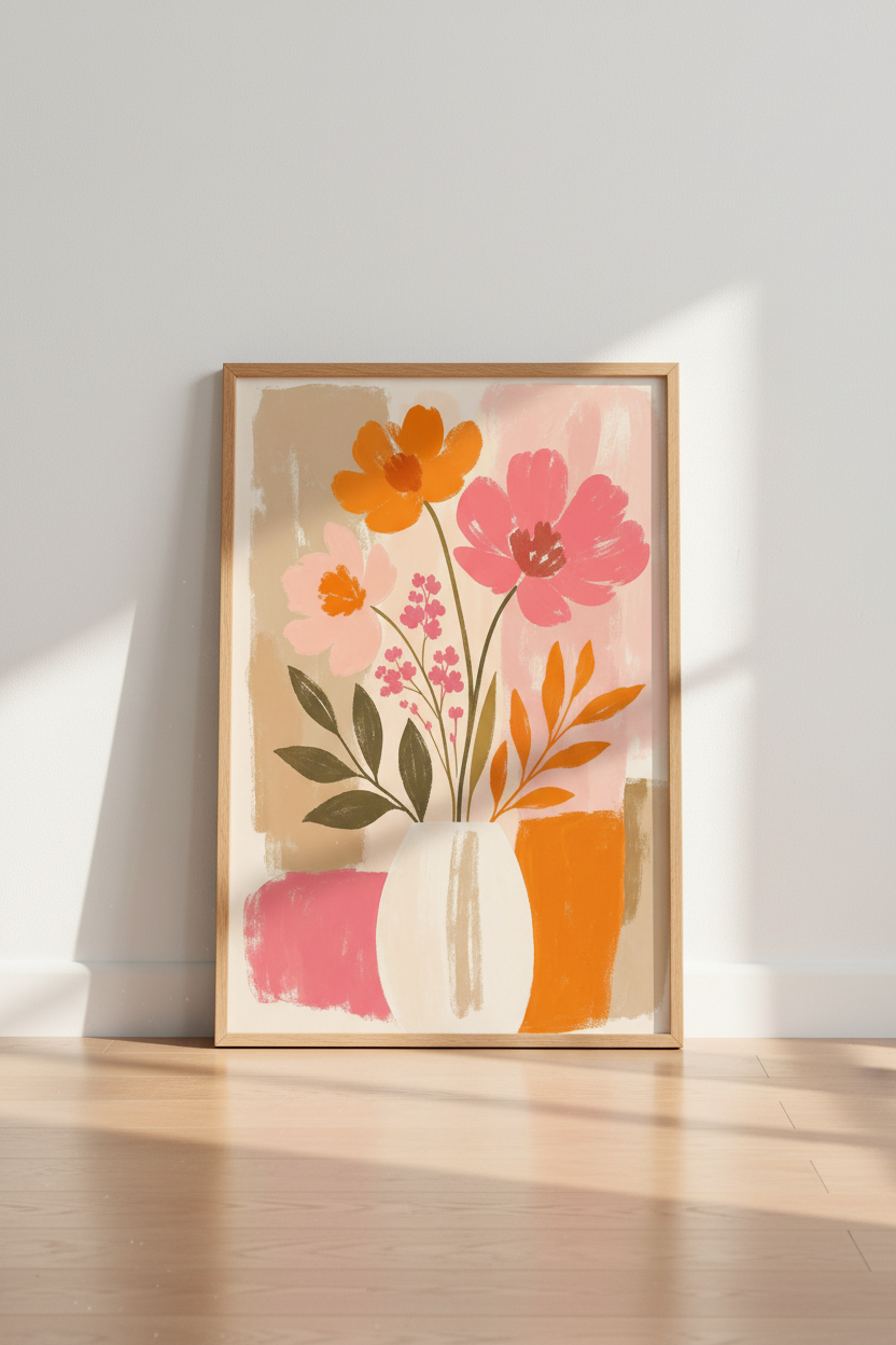 Abstract Floral Wall Art Print | Pink and Orange Boho Decor | Modern Botanical Poster