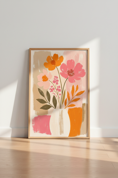 Abstract Floral Wall Art Print | Pink and Orange Boho Decor | Modern Botanical Poster