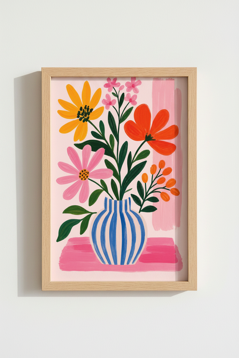 Danish Pastel Floral Art Print | Pink &amp; Yellow Flower Poster, Modern Living Room Wall