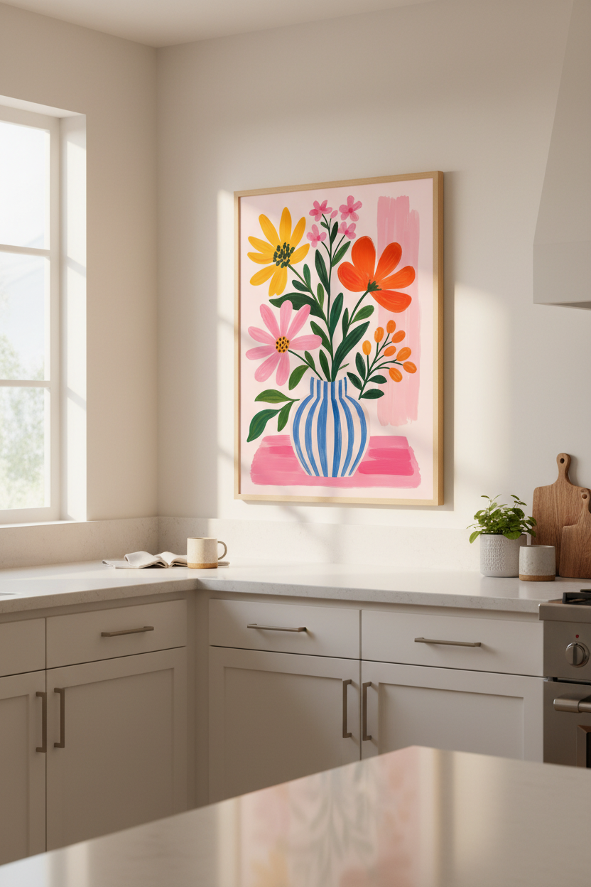 Danish Pastel Floral Art Print | Pink &amp; Yellow Flower Poster, Modern Living Room Wall