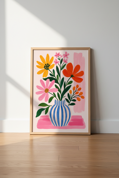 Danish Pastel Floral Art Print | Pink &amp; Yellow Flower Poster, Modern Living Room Wall
