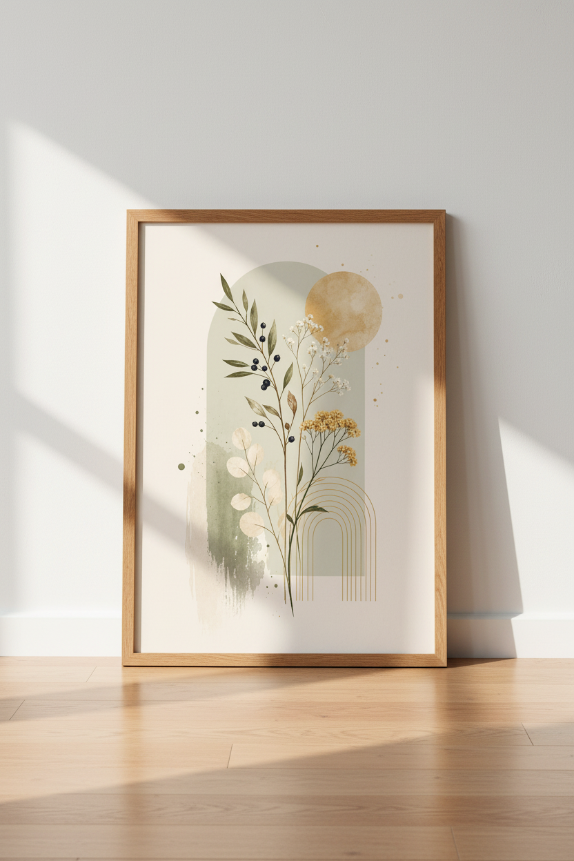 Boho Botanical Arch Wall Art | Sage Green Floral Poster | Modern Living Room Decor