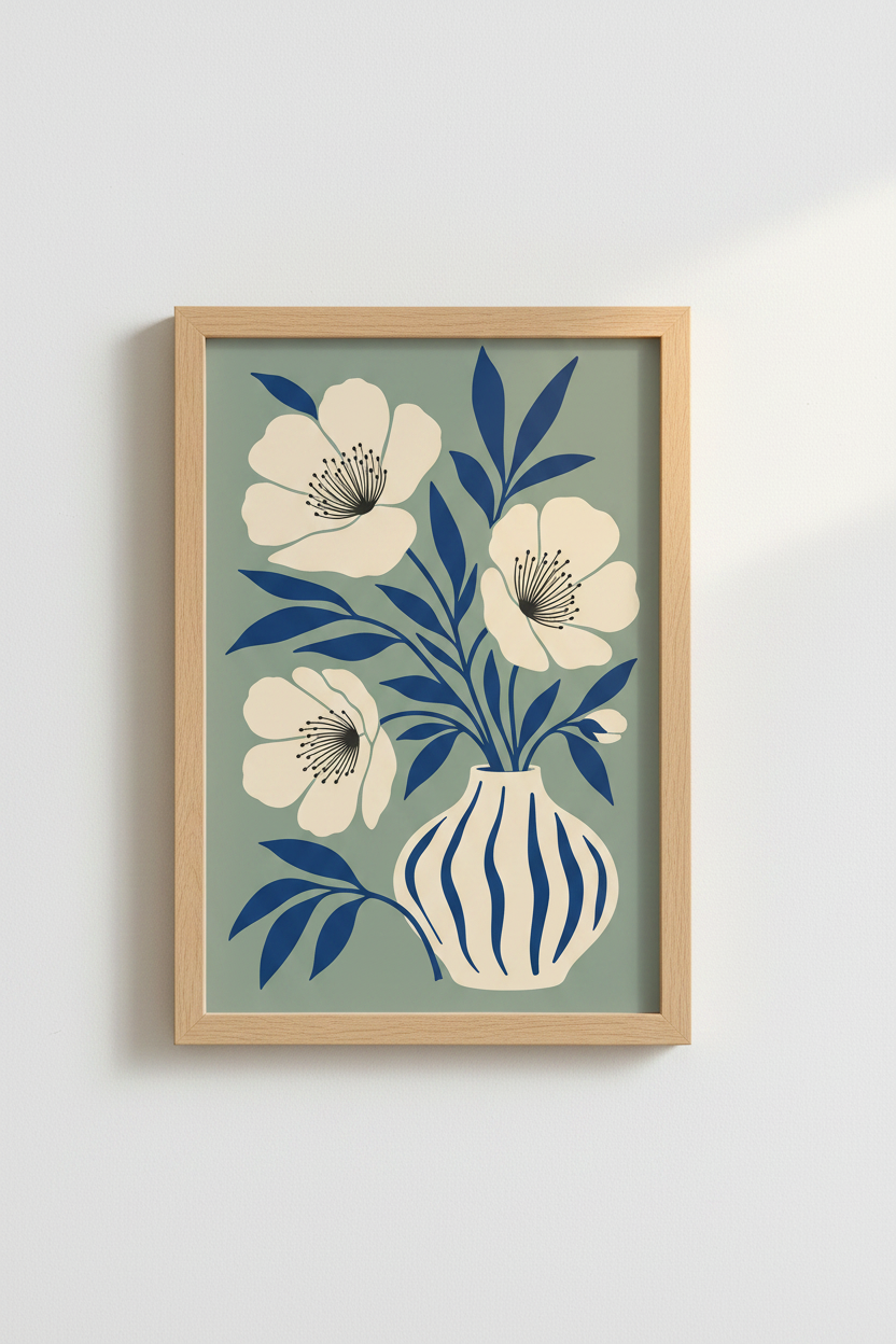 Blue Floral Wall Art Print | Living Room Decor | Minimalist Poster