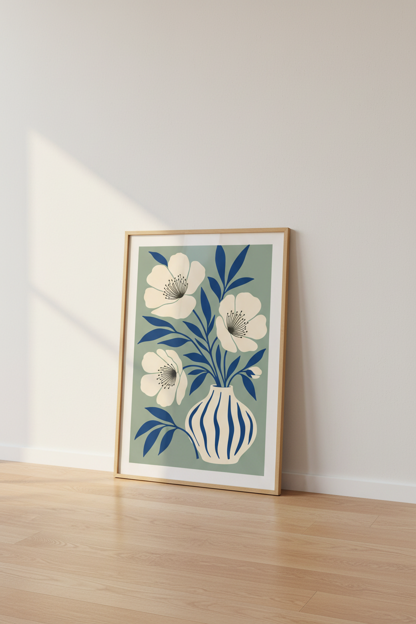 Blue Floral Wall Art Print | Living Room Decor | Minimalist Poster