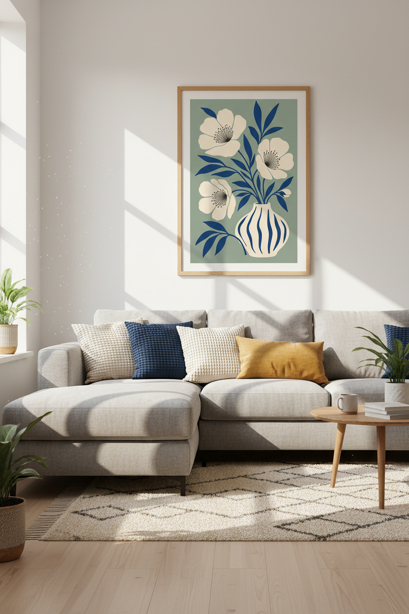 Blue Floral Wall Art Print | Living Room Decor | Minimalist Poster