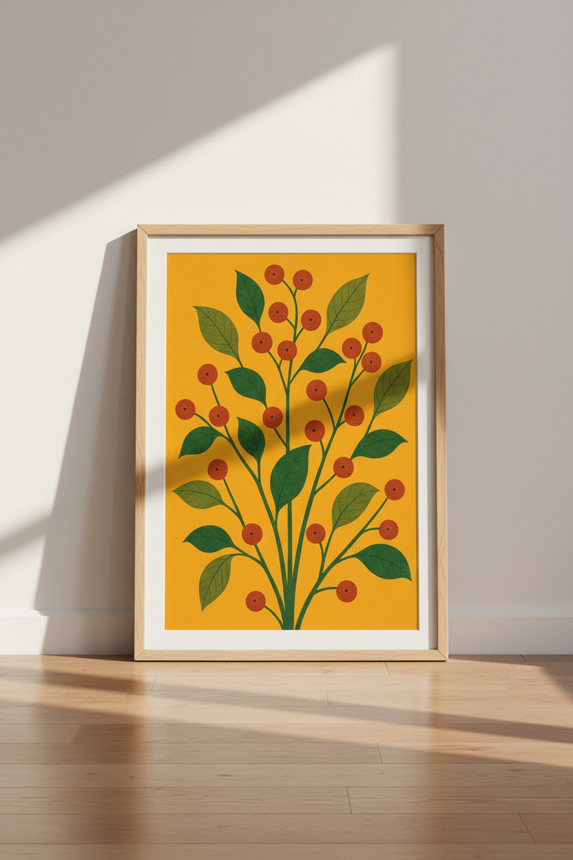 Modern Botanical Berry Wall Art Print | Mustard Yellow Kitchen Decor | Mid Century Poster