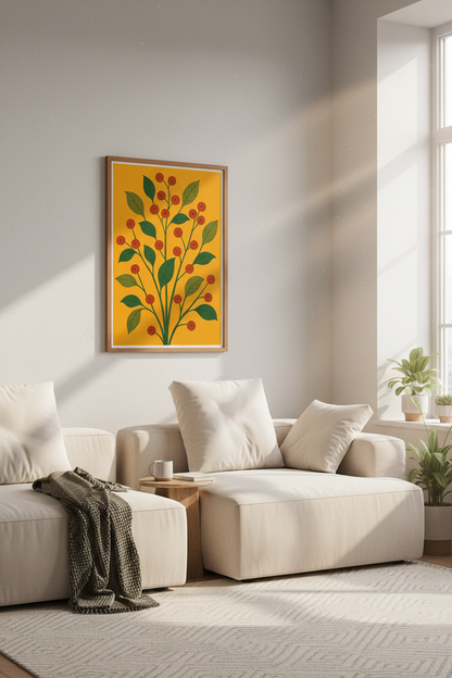 Modern Botanical Berry Wall Art Print | Mustard Yellow Kitchen Decor | Mid Century Poster