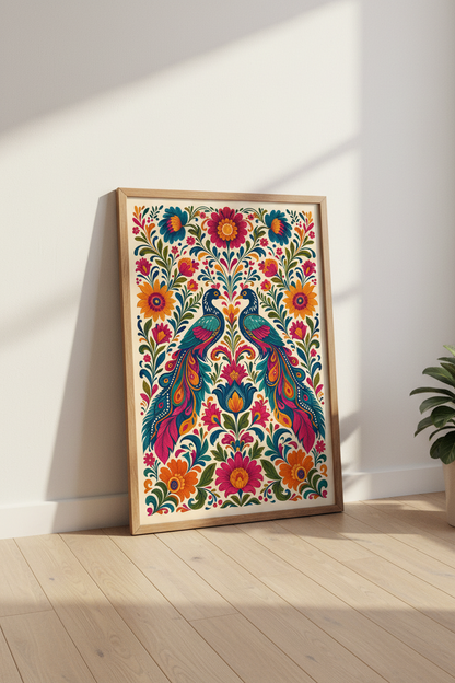 Folk Art Peacock Print | Vibrant Floral Maximalist Decor | Boho Animal Poster