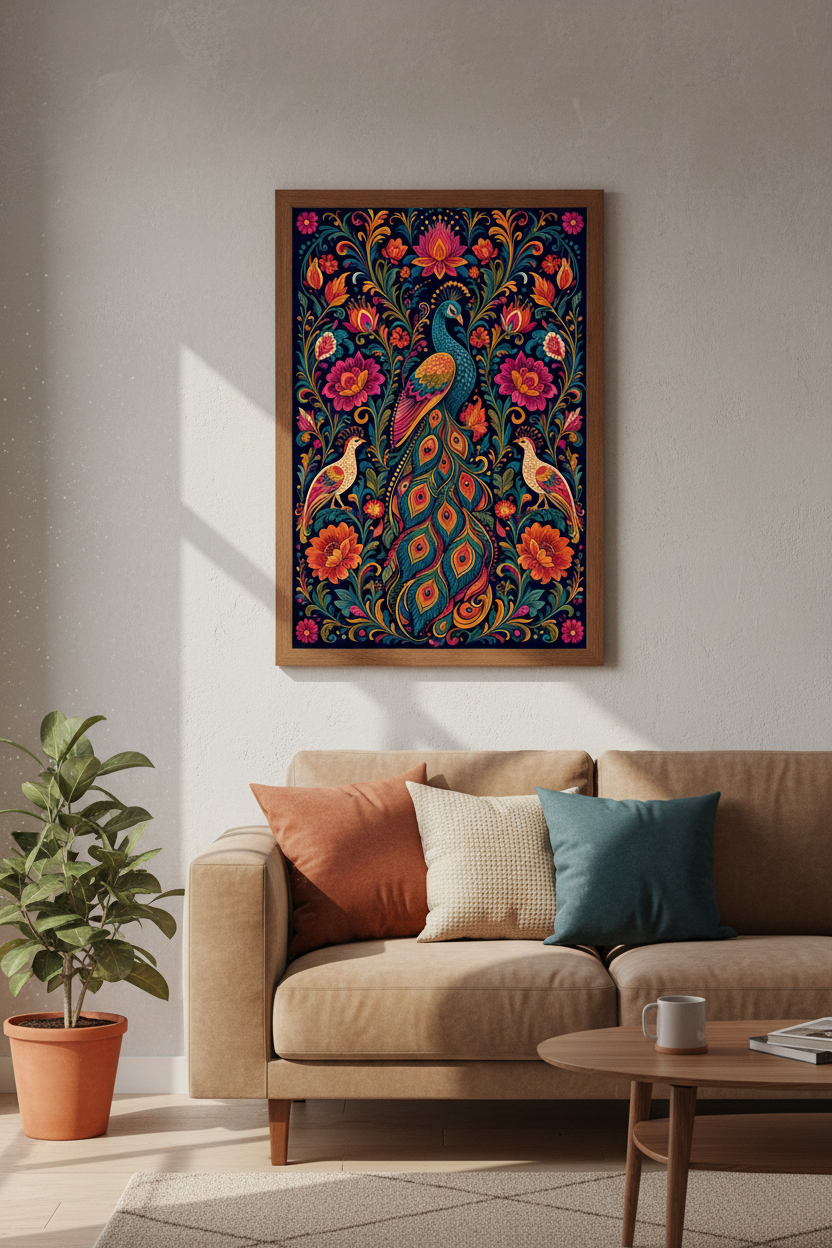Folk Art Peacock Wall Art | Vibrant Botanical Floral Print, Maximalist Decor