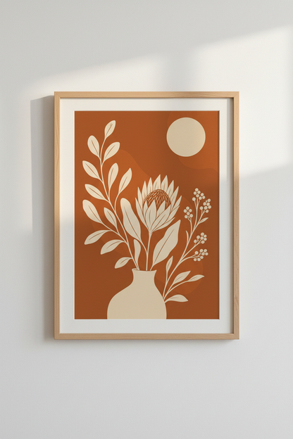 Mid Century Protea Wall Art | Terracotta Boho Botanical, Living Room Decor