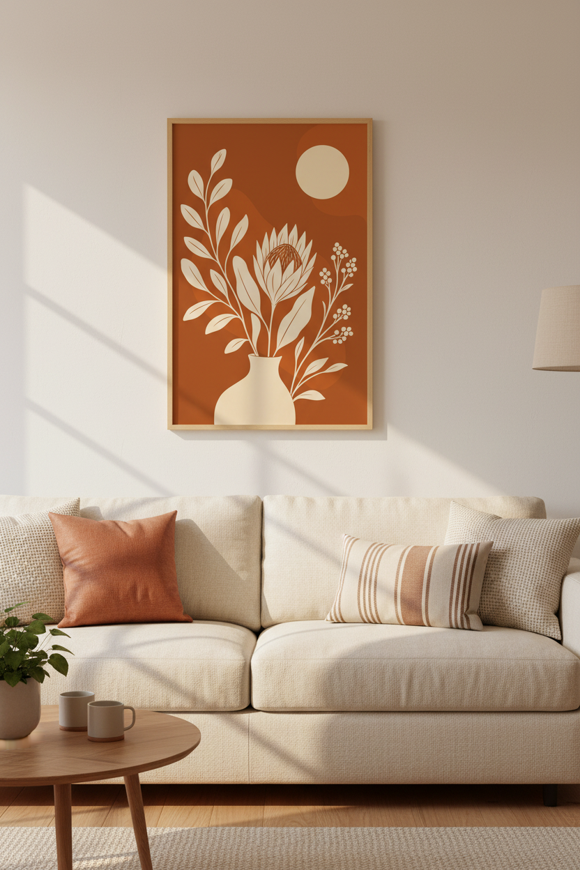 Mid Century Protea Wall Art | Terracotta Boho Botanical, Living Room Decor