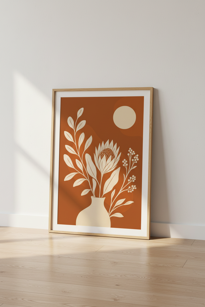 Mid Century Protea Wall Art | Terracotta Boho Botanical, Living Room Decor