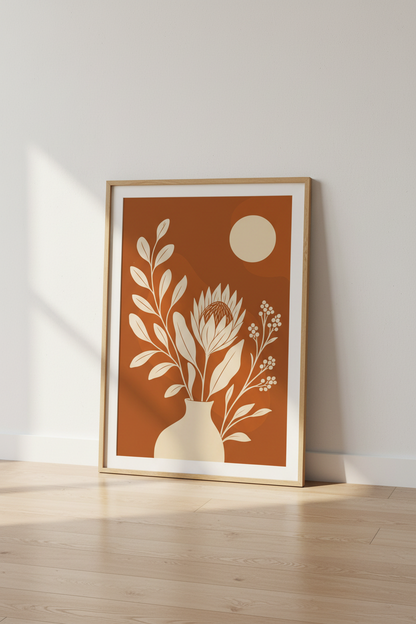 Mid Century Protea Wall Art | Terracotta Boho Botanical, Living Room Decor