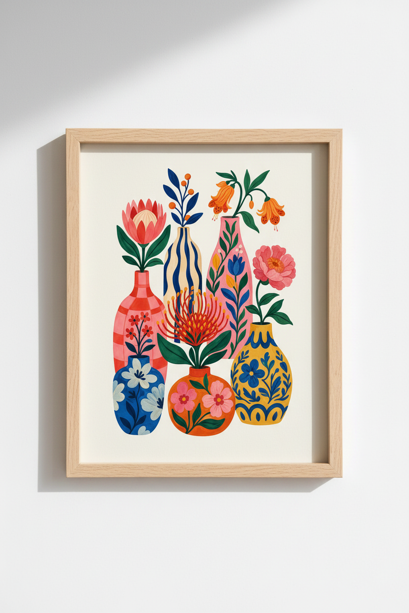 Colorful Floral Art Print | Modern Botanical Vases, Vibrant Eclectic Home Decor Poster
