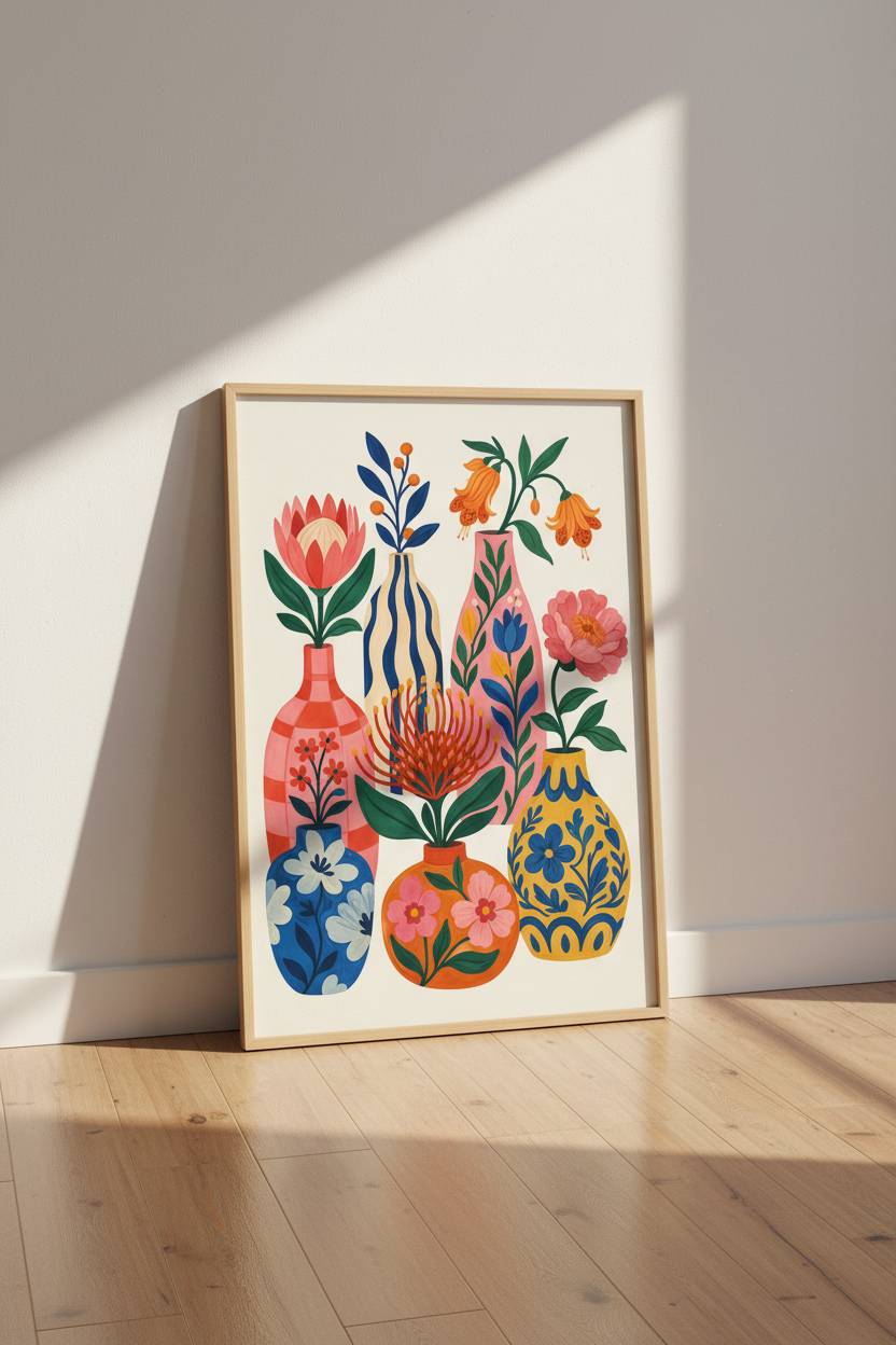 Colorful Floral Art Print | Modern Botanical Vases, Vibrant Eclectic Home Decor Poster