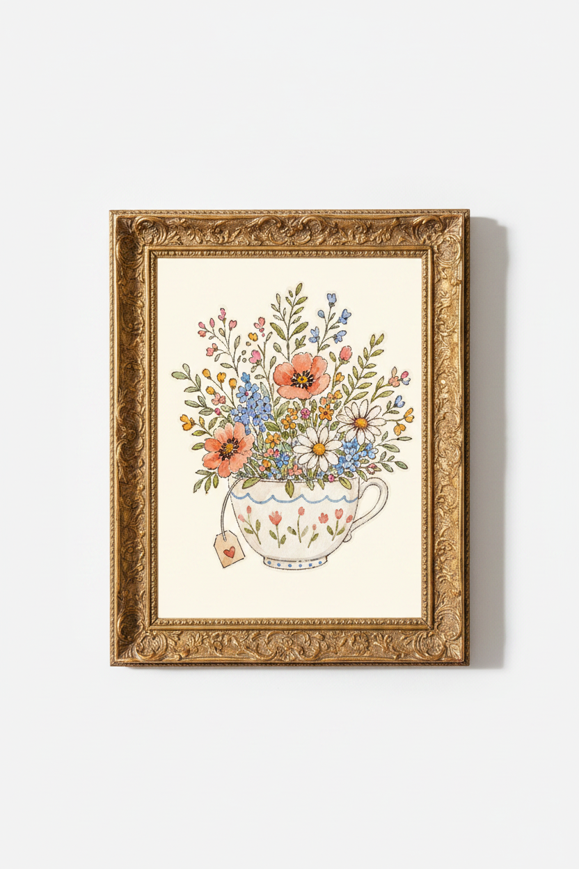 Floral Wall Art Print | Watercolor Bouquet, Cream Palette | Living Room Decor