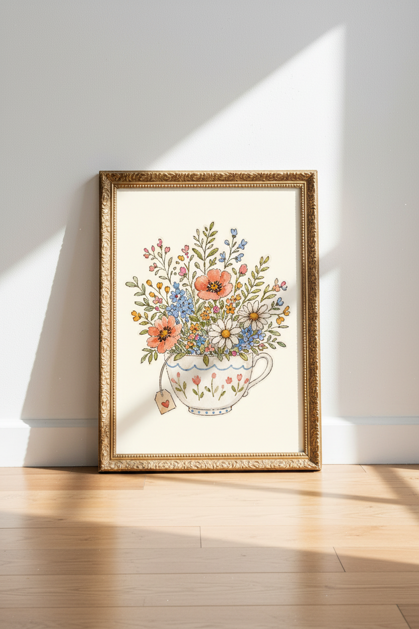 Floral Wall Art Print | Watercolor Bouquet, Cream Palette | Living Room Decor