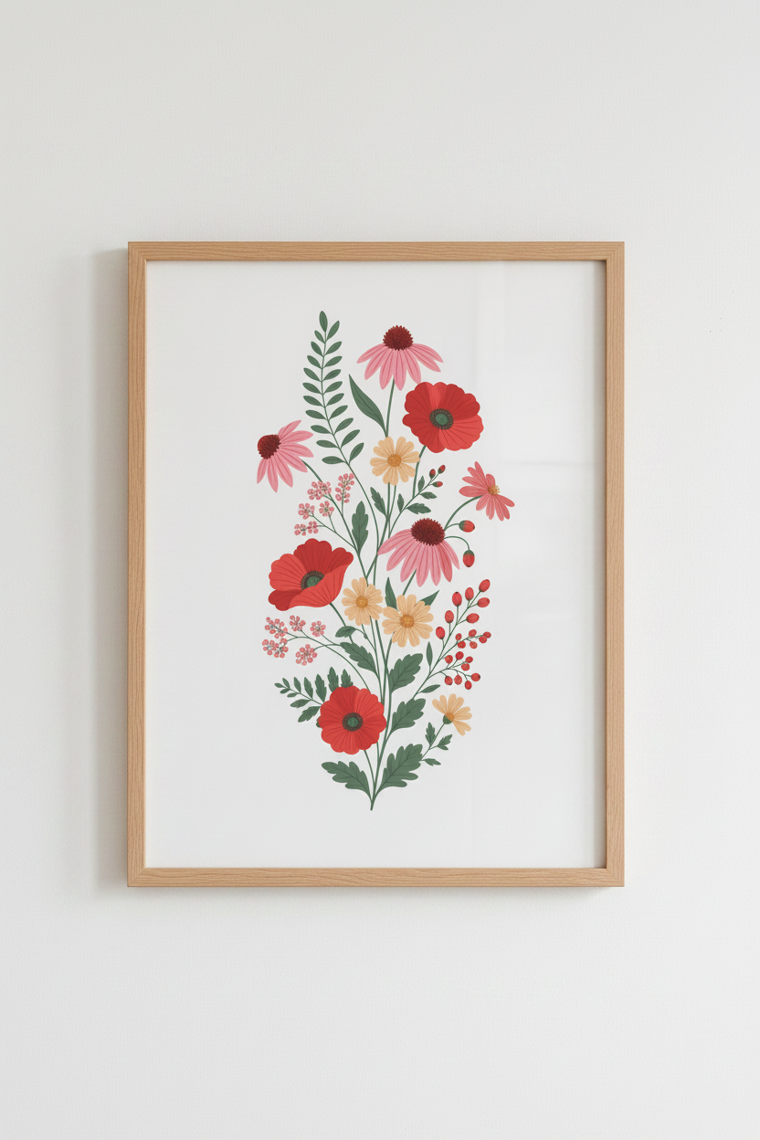 Wildflower Bouquet Wall Art | Red Poppy Botanical Print | Cottagecore Decor Poster