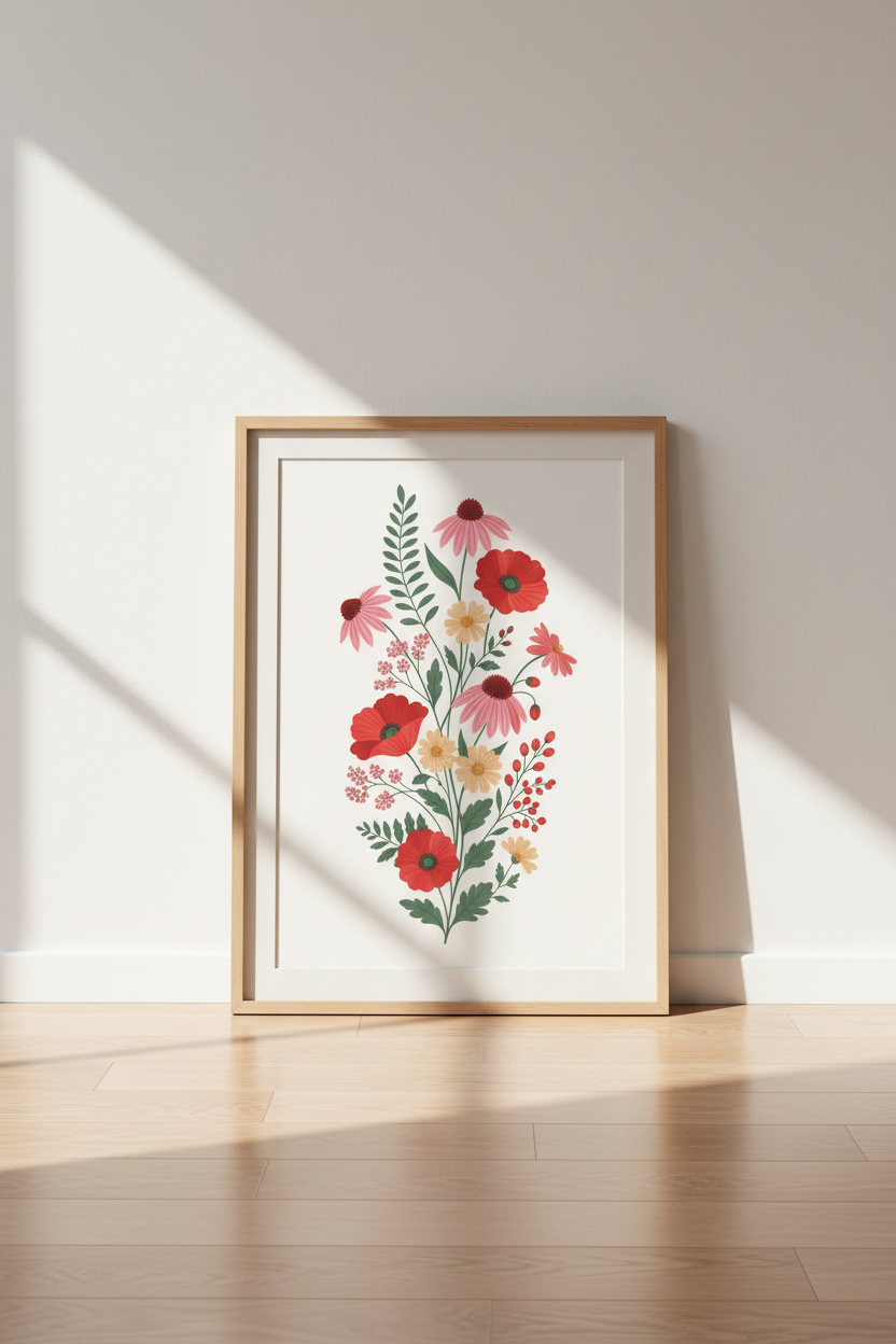 Wildflower Bouquet Wall Art | Red Poppy Botanical Print | Cottagecore Decor Poster