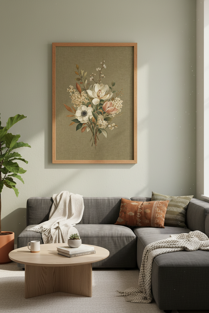 Vintage Botanical Bouquet Wall Art | Muted Earth Tones, Living Room Decor Poster