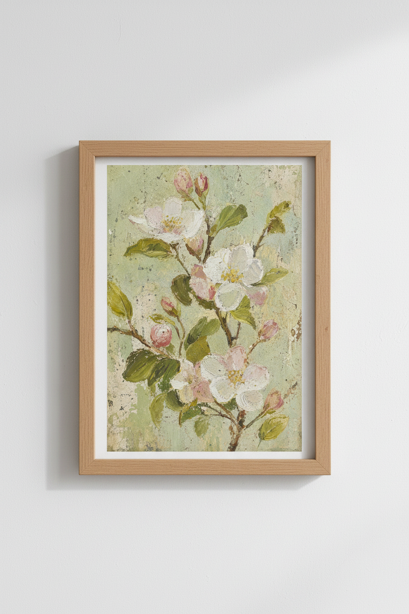 Vintage Floral Oil Painting | Sage Green Botanical Decor, Blush Pink Flower Poster Print