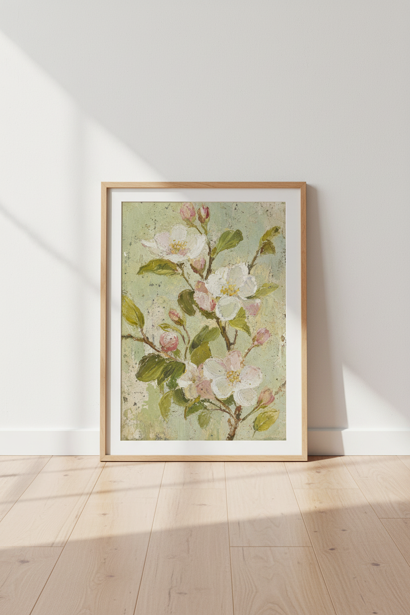 Vintage Floral Oil Painting | Sage Green Botanical Decor, Blush Pink Flower Poster Print