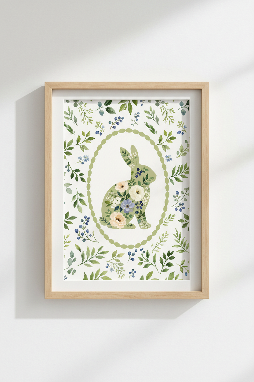 Bunny Rabbit Wall Art Print | Woodland Nursery Decor | Floral Botanical Poster