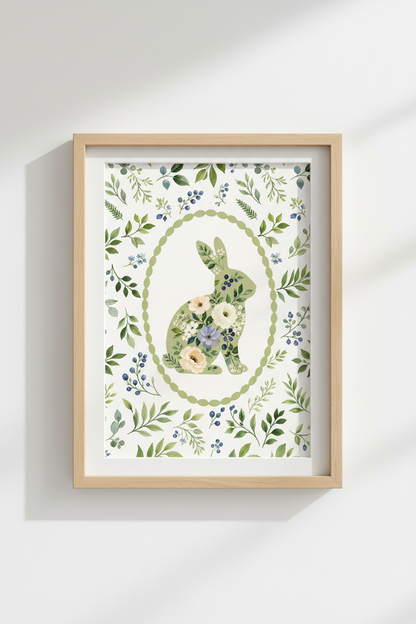 Bunny Rabbit Wall Art Print | Woodland Nursery Decor | Floral Botanical Poster