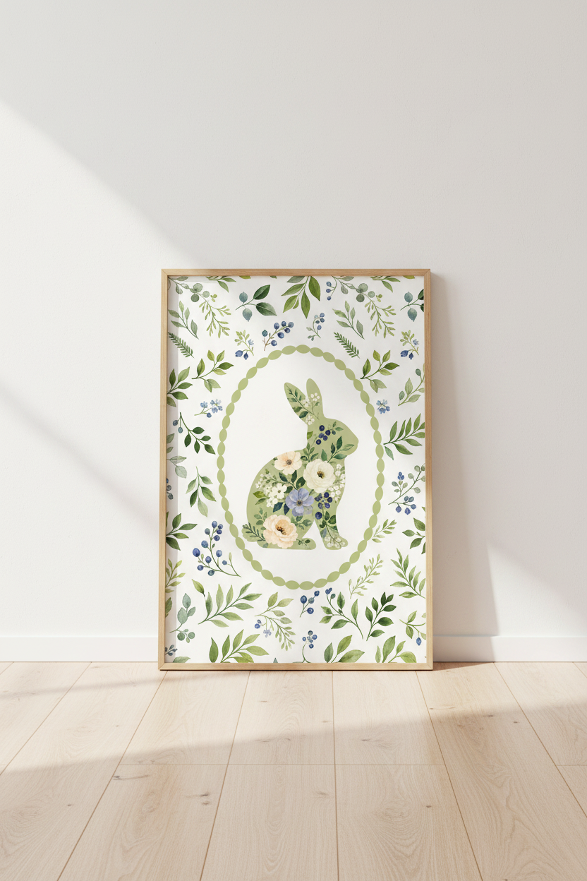 Bunny Rabbit Wall Art Print | Woodland Nursery Decor | Floral Botanical Poster