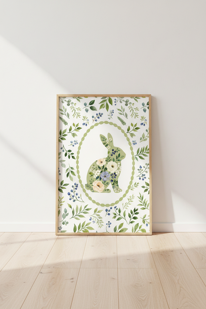 Bunny Rabbit Wall Art Print | Woodland Nursery Decor | Floral Botanical Poster
