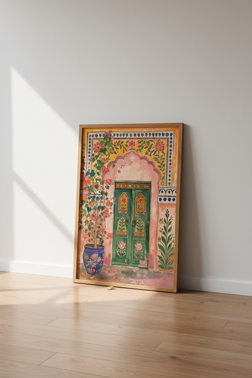 Indian Palace Door Wall Art | Pink Jaipur Floral Decor | Boho Ethnic Poster