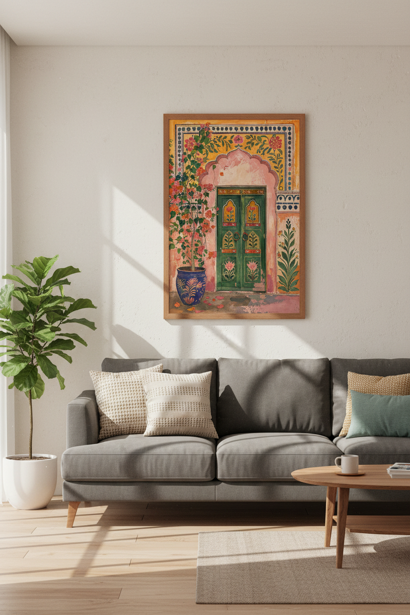 Indian Palace Door Wall Art | Pink Jaipur Floral Decor | Boho Ethnic Poster