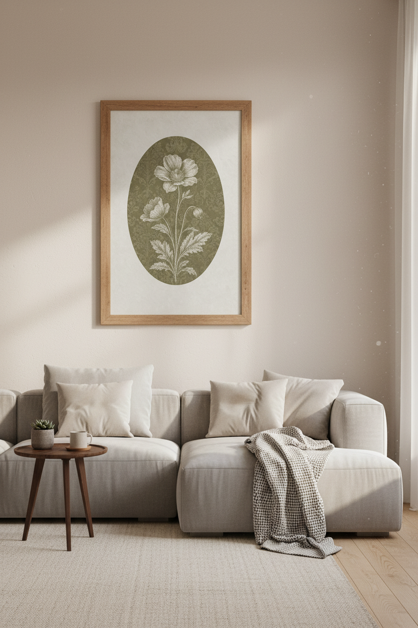 Vintage Poppy Botanical Art | Olive Green Floral Print, Dark Academia Decor