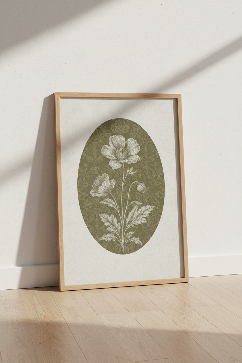 Vintage Poppy Botanical Art | Olive Green Floral Print, Dark Academia Decor