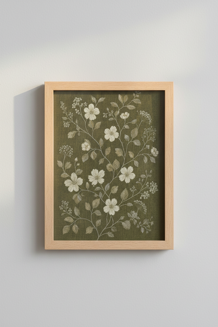 Botanical wall art print | Olive green linen texture, Living room decor