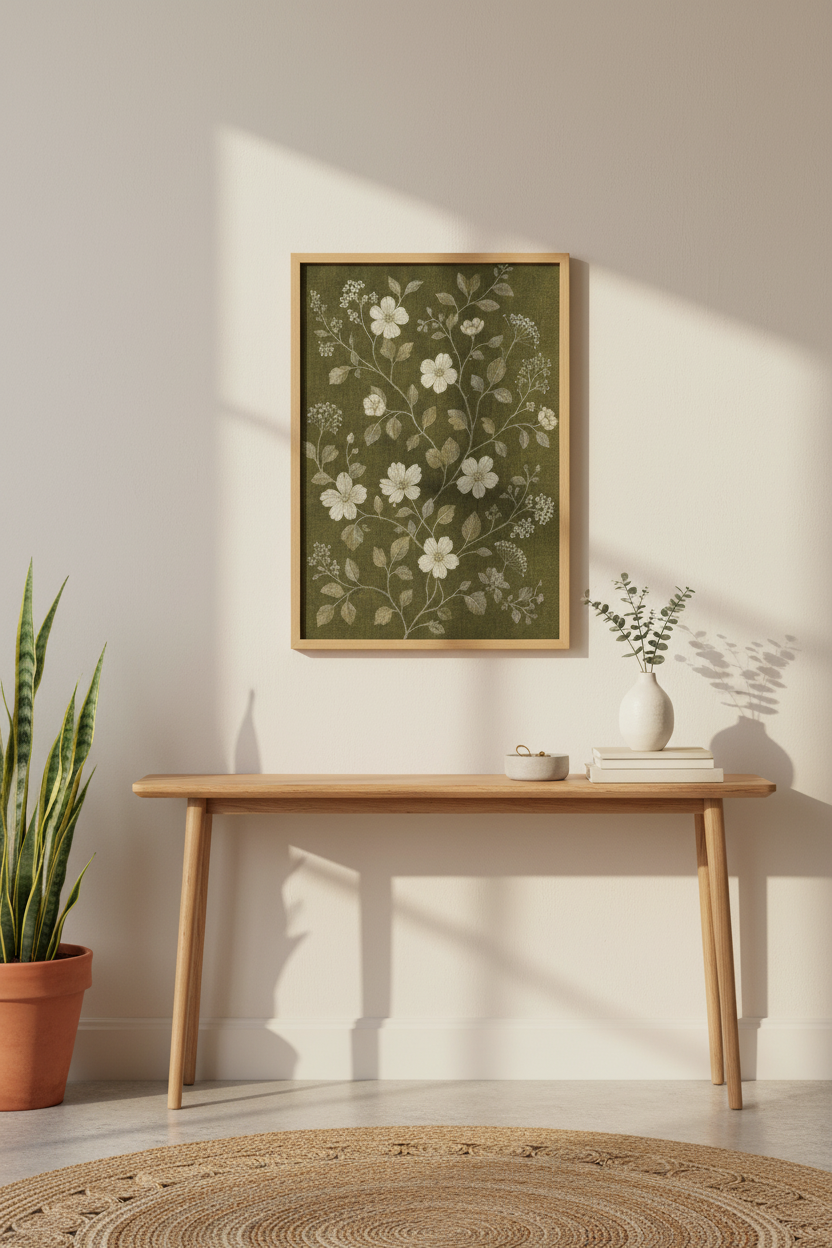 Botanical wall art print | Olive green linen texture, Living room decor