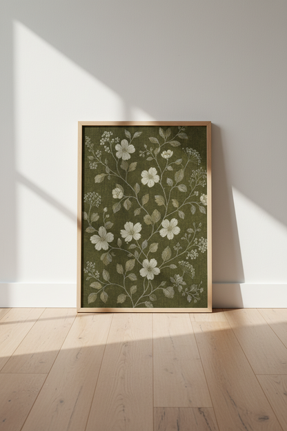 Botanical wall art print | Olive green linen texture, Living room decor