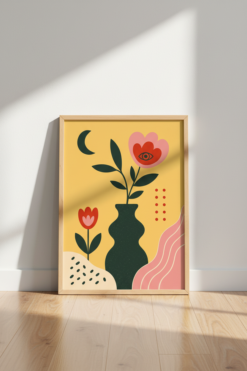 Folk Floral Moon Wall Art Print | Mustard Yellow Boho Decor | Modern Aesthetic Poster