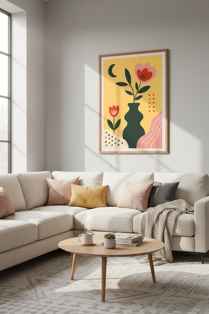 Folk Floral Moon Wall Art Print | Mustard Yellow Boho Decor | Modern Aesthetic Poster