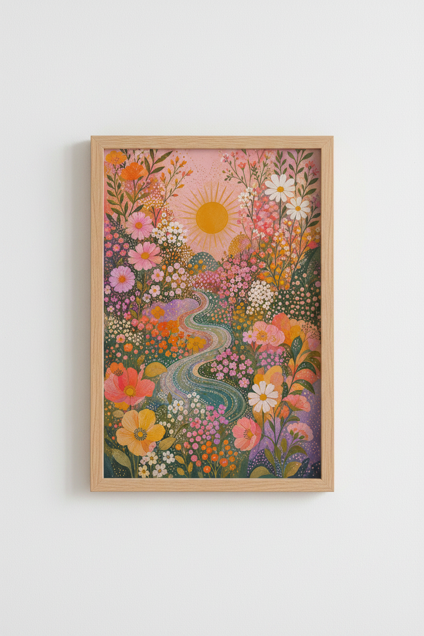 Wildflower Meadow Print | Colorful Floral Landscape, Cottagecore Nature Decor Poster