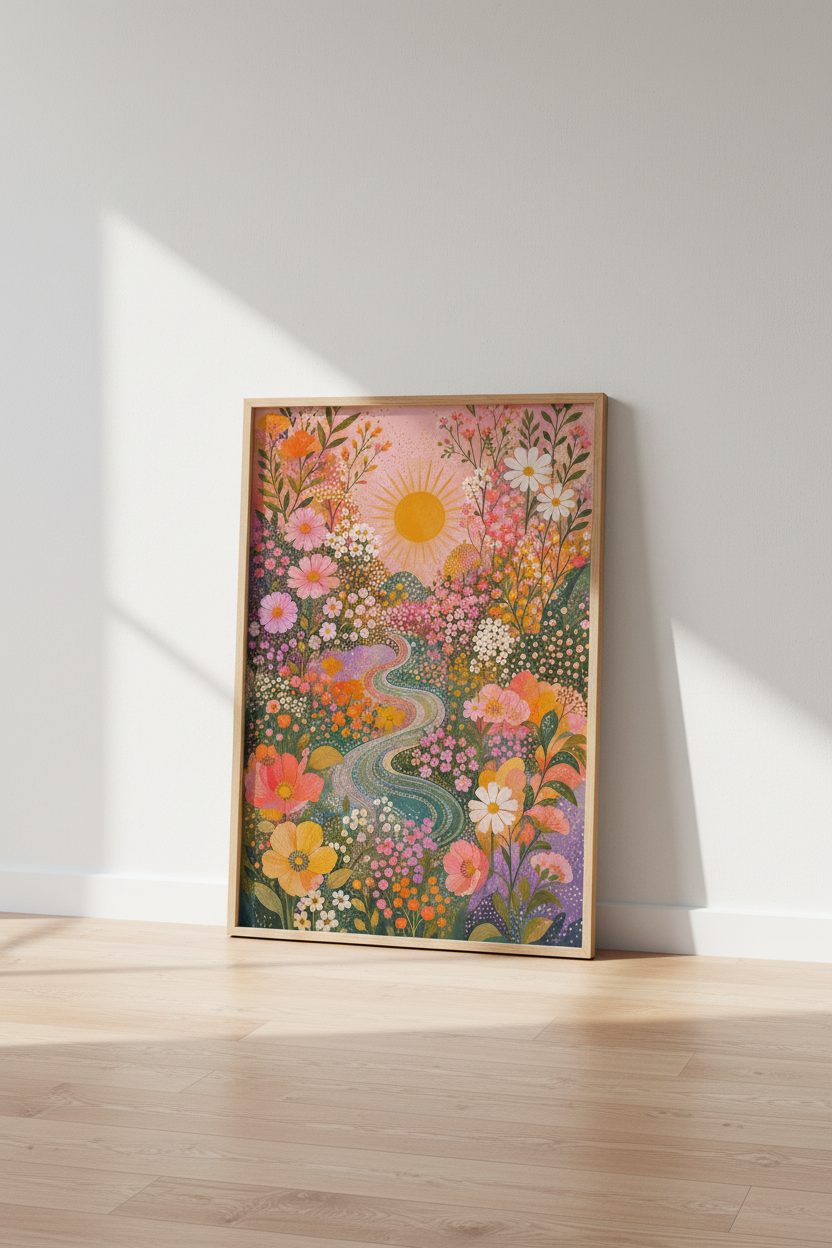 Wildflower Meadow Print | Colorful Floral Landscape, Cottagecore Nature Decor Poster