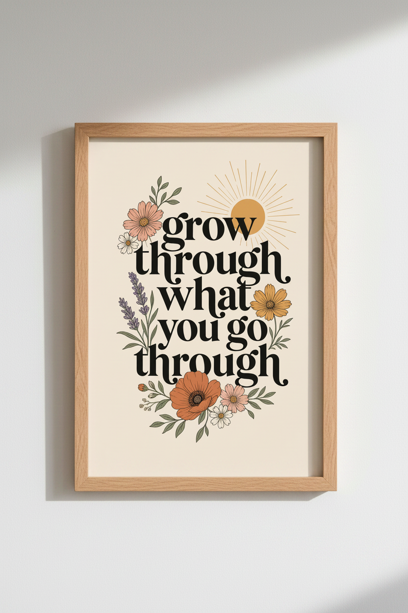 Grow Through Quote Wall Art | Retro Floral Sun Poster, Boho Office Decor