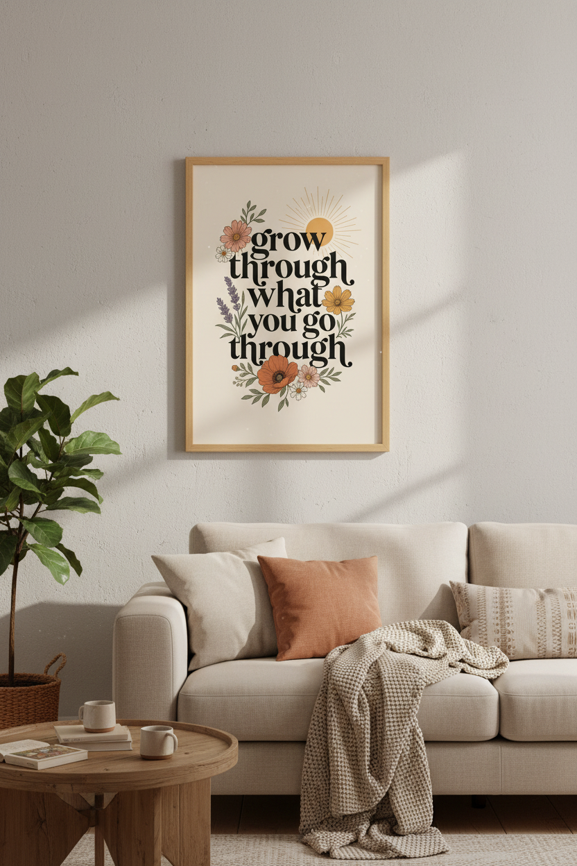 Grow Through Quote Wall Art | Retro Floral Sun Poster, Boho Office Decor