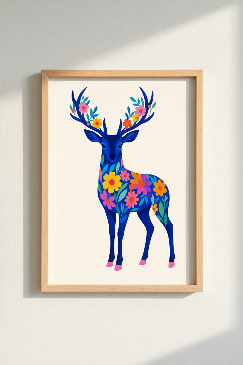 Floral Deer Wall Art Print | Blue Stag Botanical Decor | Colorful Whimsical Poster