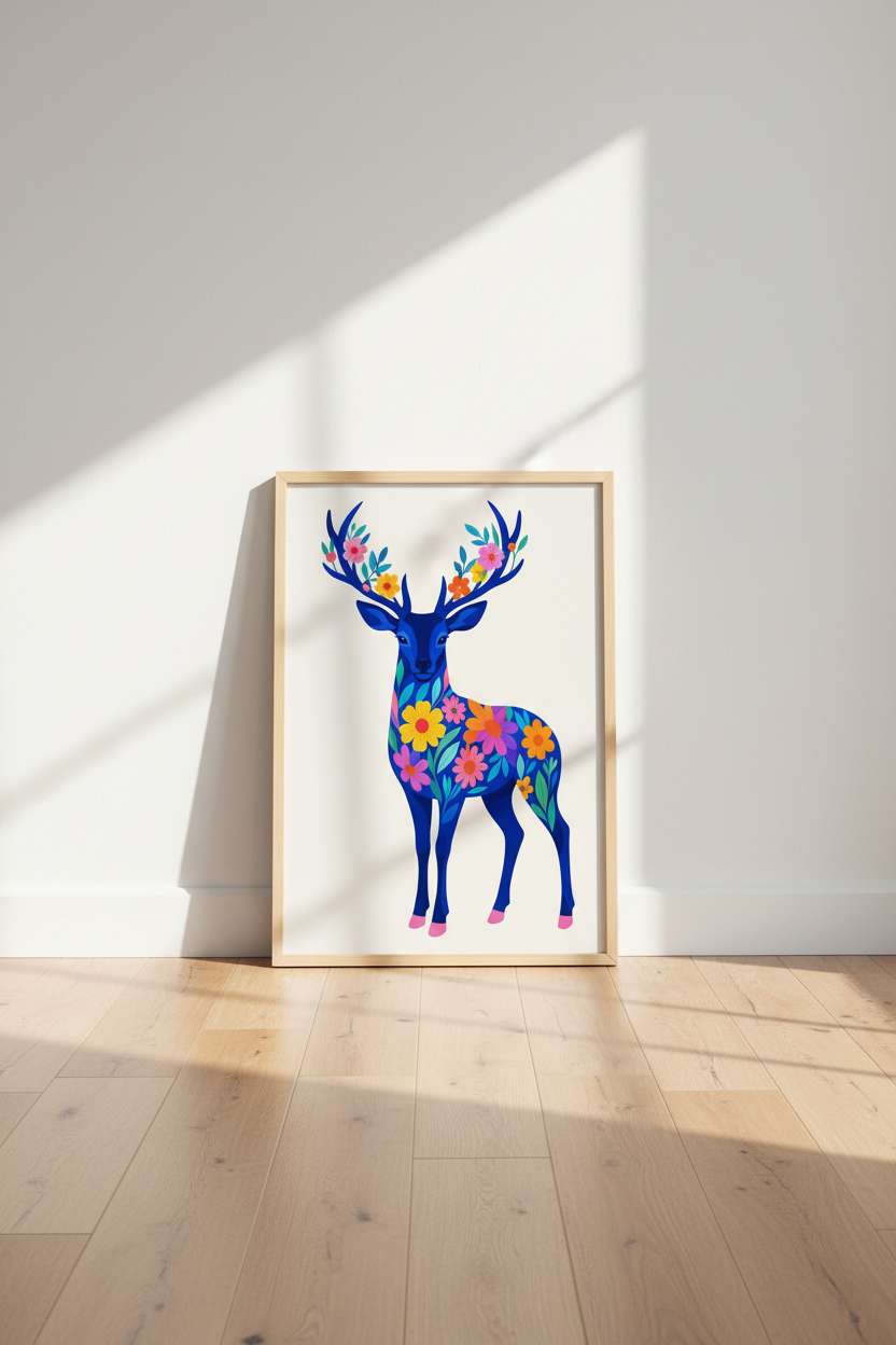 Floral Deer Wall Art Print | Blue Stag Botanical Decor | Colorful Whimsical Poster