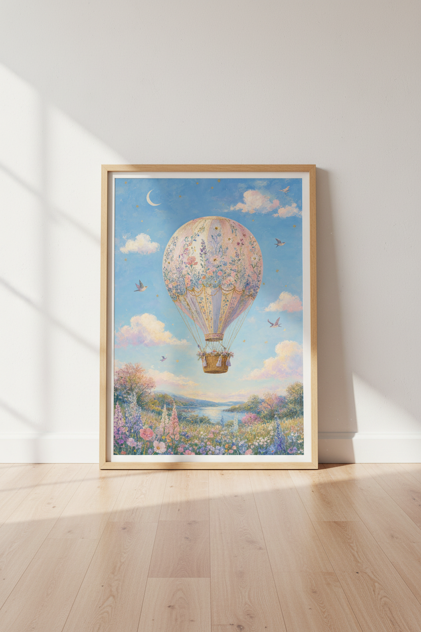 Floral Hot Air Balloon Wall Art | Pastel Cottagecore Print, Kids Nursery Decor